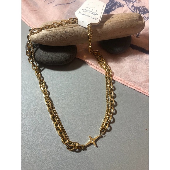 Gold Stainless Steel Star Necklace  Chunky Chain Layered Statement Jewelry - Picture 2 of 5